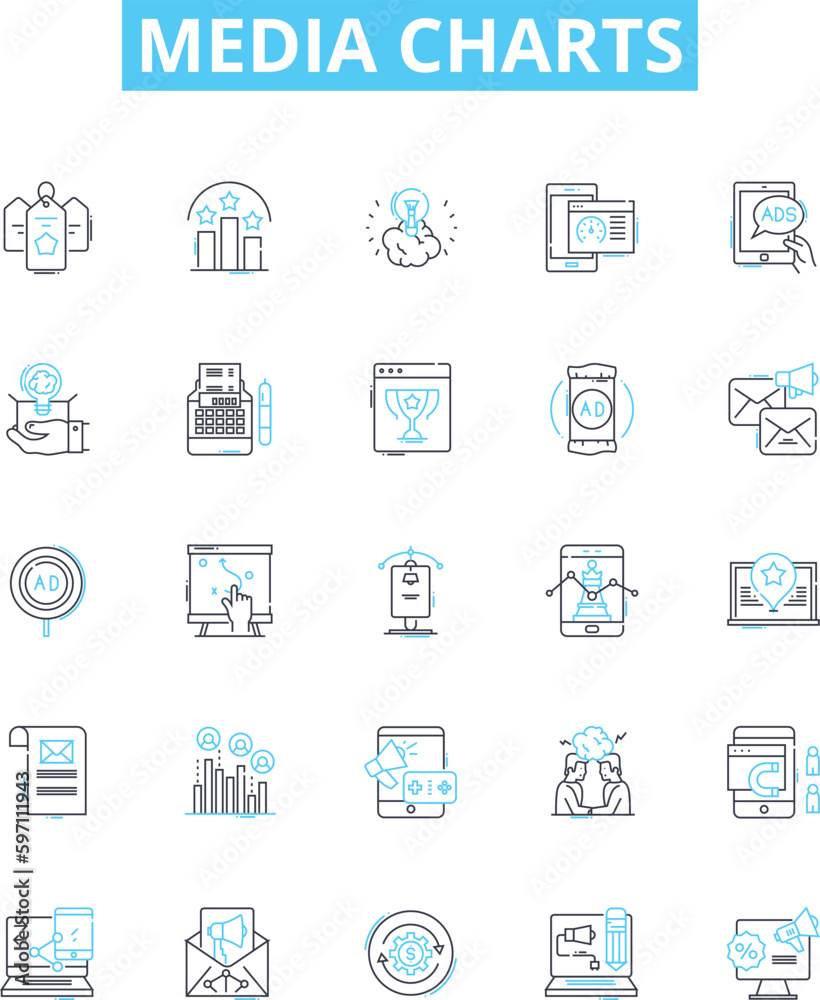 Media charts vector line icons set. Media, Chart, Trends, Ratings, Data, Graphs, Boxoffice illustration outline concept symbols and signs