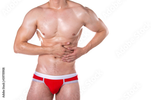 Health problems. Man and pain. White background. 