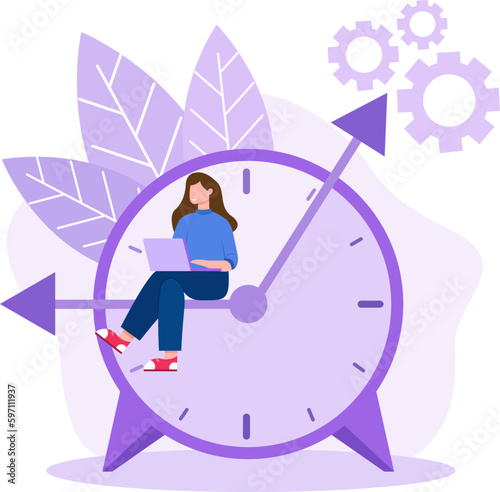 Young lady sitting on clock and productively working on laptop. Time management illustration with cartoon character doing job on time. Vector illustration in flat design, made in purple colors