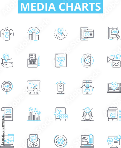 Media charts vector line icons set. Media, Chart, Trends, Ratings, Data, Graphs, Boxoffice illustration outline concept symbols and signs