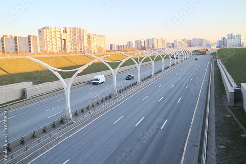 high-speed highway of the city at sunset