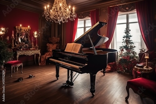luxury Vintage christmas room, red grand piano, generative AI