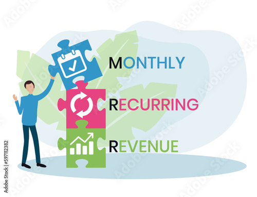 MRR - Monthly Recurring Revenue acronym, business concept. word lettering typography design illustration with line icons and ornaments. Internet web site promotion concept vector layout.