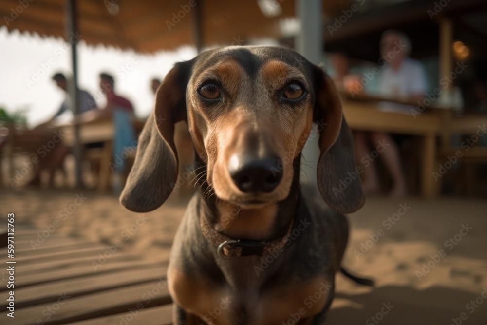 Medium shot portrait photography of an aggressive dachshund being at a dog-friendly restaurant against dog-friendly beaches background. With generative AI technology Medium shot portrait photography of an aggressive dachshund being at a dog-friendly restaurant against dog-friendly beaches background. With generative AI technology