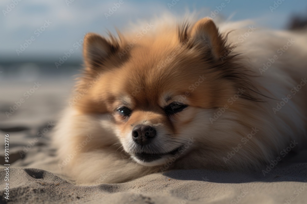 Full-length portrait photography of an aggressive pomeranian sleeping against dog-friendly beaches background. With generative AI technology