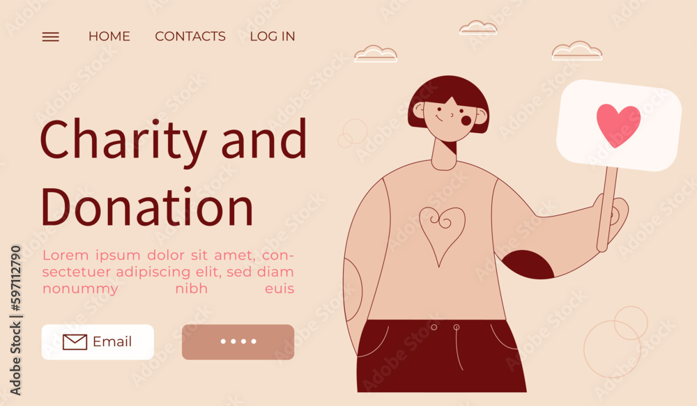 Donation and charity concept.web banner,card,infographic.girl holding posters with heart.Simple vector illustration Donation and charity concept.web banner,card,infographic.girl holding posters with heart.Simple vector illustration