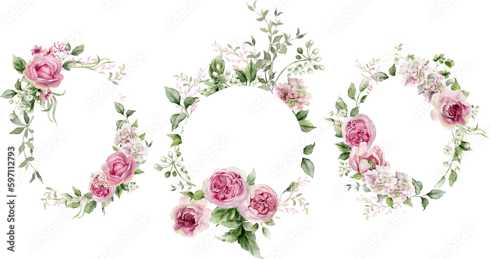 Watercolor flower border set. Pink floral frame with peony, rose, hydrangea. Wreath arrangement for card, invitation, decoration. Illustration isolated on transparent background