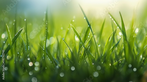 Spring summer  juicy green grass in drops of morning dew rain water close-up macro in the sunlight on a bright background..Generative AI