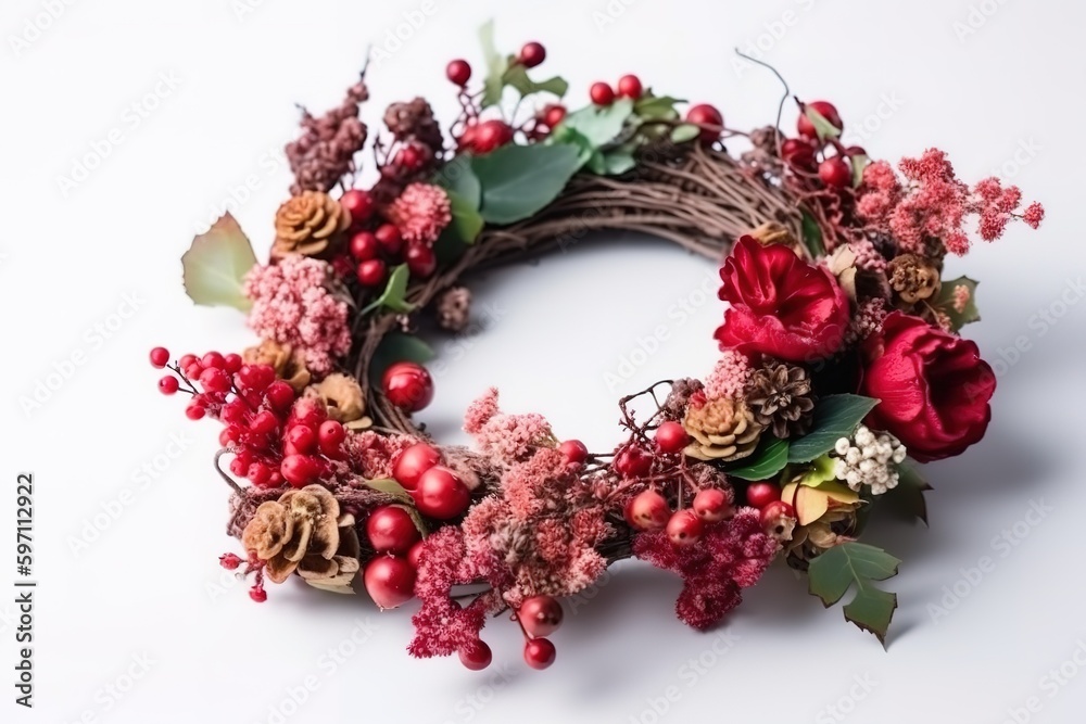 Christmas wreath isolated, white background, generative Ai