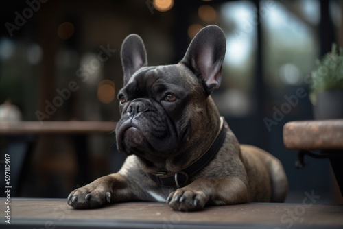 Lifestyle portrait photography of an aggressive french bulldog relaxing at a cafe against national parks background. With generative AI technology © Markus Schröder