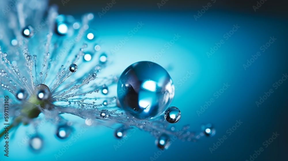 Fototapeta premium Transparent drops of water on a dandelion macro flower. Sparkling droplets water. Beautiful bright blue background..Generative AI