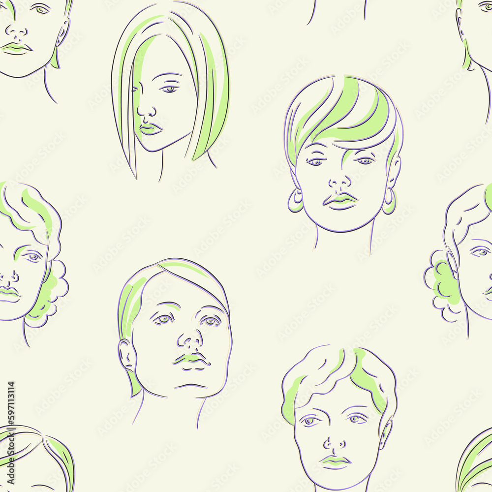 Fashion female faces with different hairstyle seamless pattern