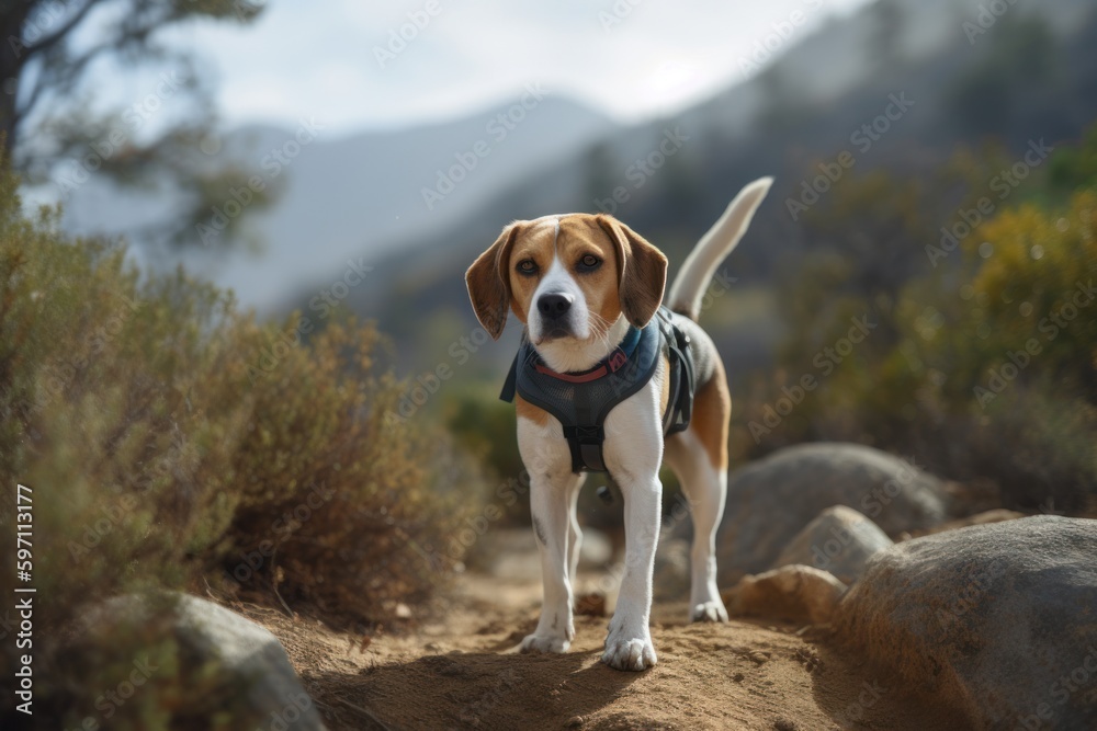 Full-length portrait photography of a curious beagle hiking with the owner against national parks background. With generative AI technology