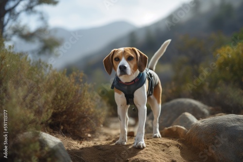 Full-length portrait photography of a curious beagle hiking with the owner against national parks background. With generative AI technology © Markus Schröder