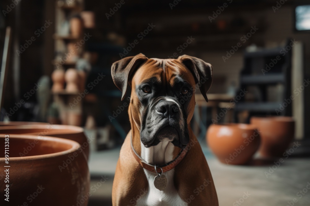 Medium shot portrait photography of a happy boxer dog being at a pottery studio against national parks background. With generative AI technology