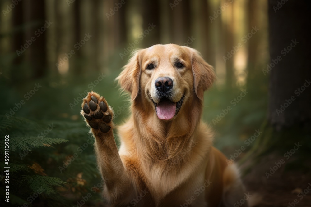 Studio portrait photography of a happy golden retriever giving the paw against forests and woodlands background. With generative AI technology