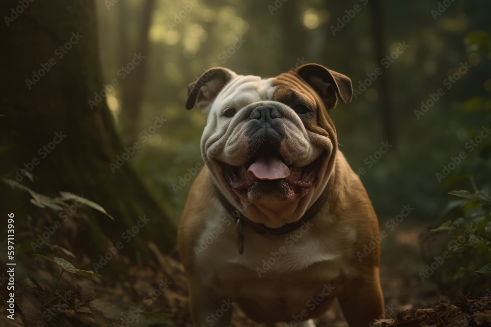 Medium shot portrait photography of a happy bulldog being with a pet hamster against forests and woodlands background. With generative AI technology