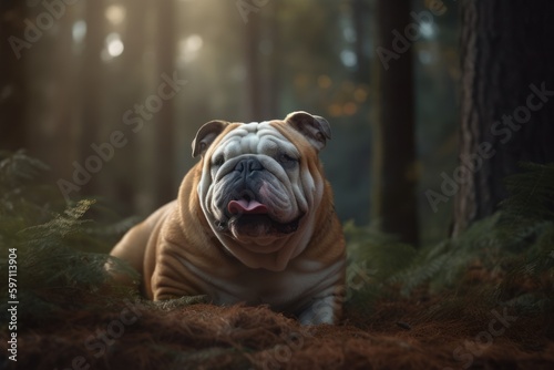 Medium shot portrait photography of a happy bulldog being with a pet hamster against forests and woodlands background. With generative AI technology