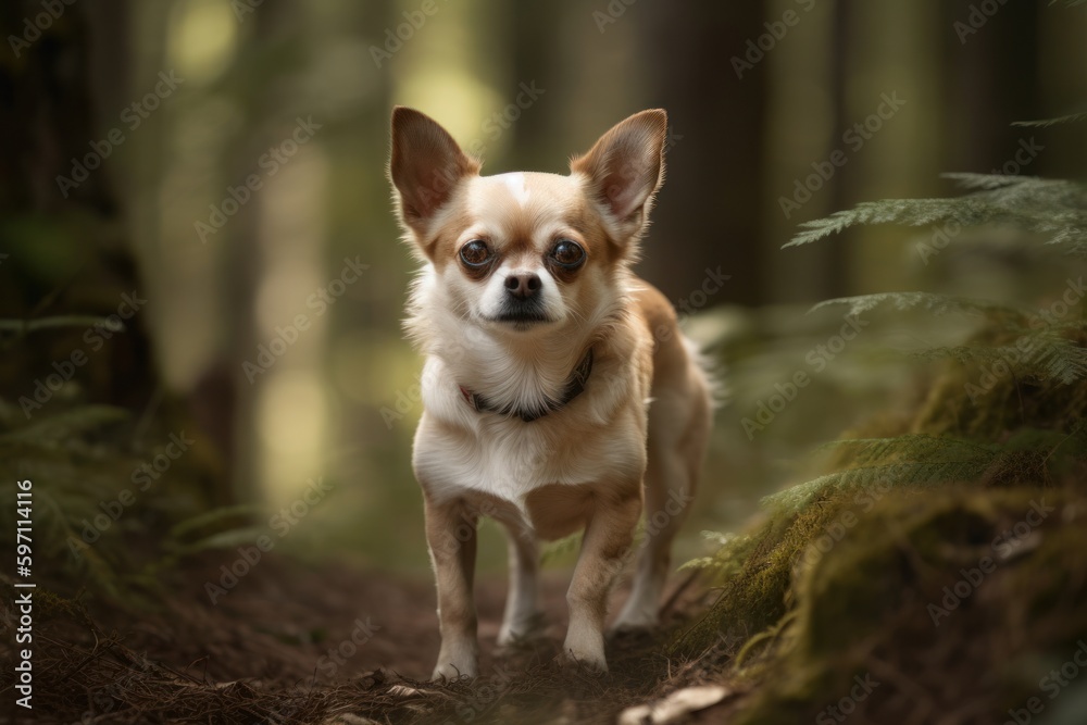Studio portrait photography of a happy chihuahua walking against forests and woodlands background. With generative AI technology Studio portrait photography of a happy chihuahua walking against forests and woodlands background. With generative AI technology