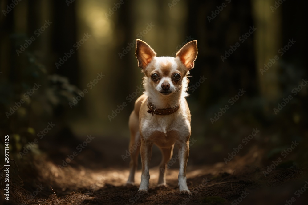 Studio portrait photography of a happy chihuahua walking against forests and woodlands background. With generative AI technology