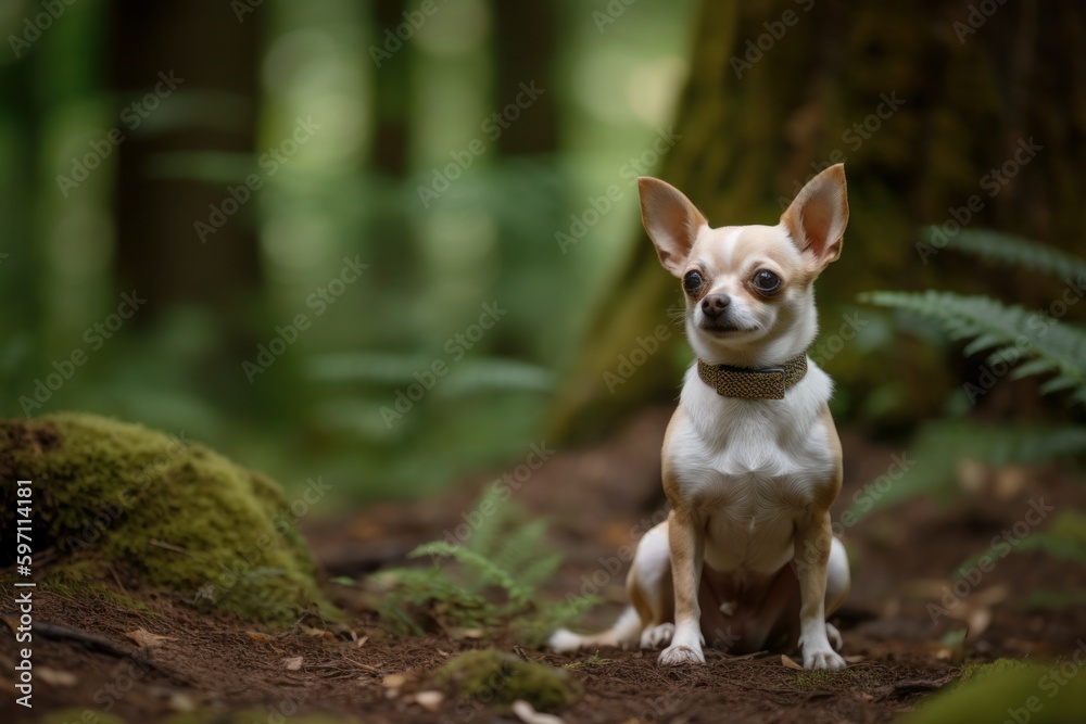 Environmental portrait photography of an aggressive chihuahua posing with a wedding couple against forests and woodlands background. With generative AI technology