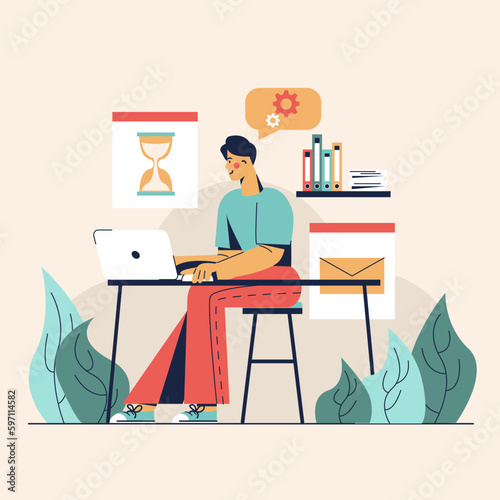 Smart man sitting at the table with laptop and looking on screen. Waiting for technical work on website. Concept of work in messengers and technical support. Vector illustration in flat design