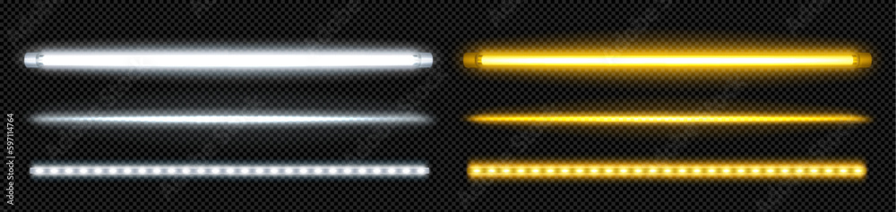 Neon tube lamp in yellow and white for party border design. Vector fluorescent led light bar isolated on transparent background. Night realistic electric stripe casino illumination graphic pack