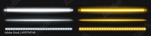 Neon tube lamp in yellow and white for party border design. Vector fluorescent led light bar isolated on transparent background. Night realistic electric stripe casino illumination graphic pack photo