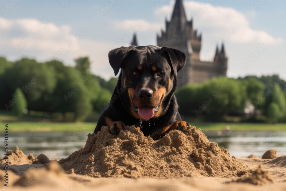 Environmental portrait photography of a curious rottweiler building a sandcastle against lakes and rivers background. With generative AI technology