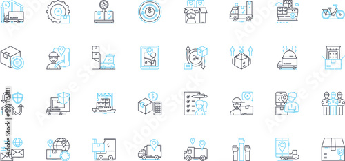 Shipping logistics linear icons set. Cargo, Transport, Freight, Customs, Inventory, Packaging, Shipment line vector and concept signs. Delivery,Documentation,Export outline illustrations