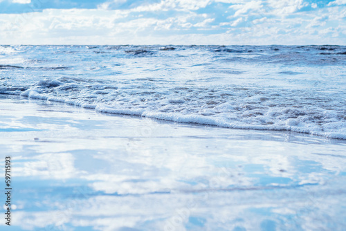 All shades of blue. Sea expanses under sky with white clouds.Meditation and relaxation. Wonderful moments of life.