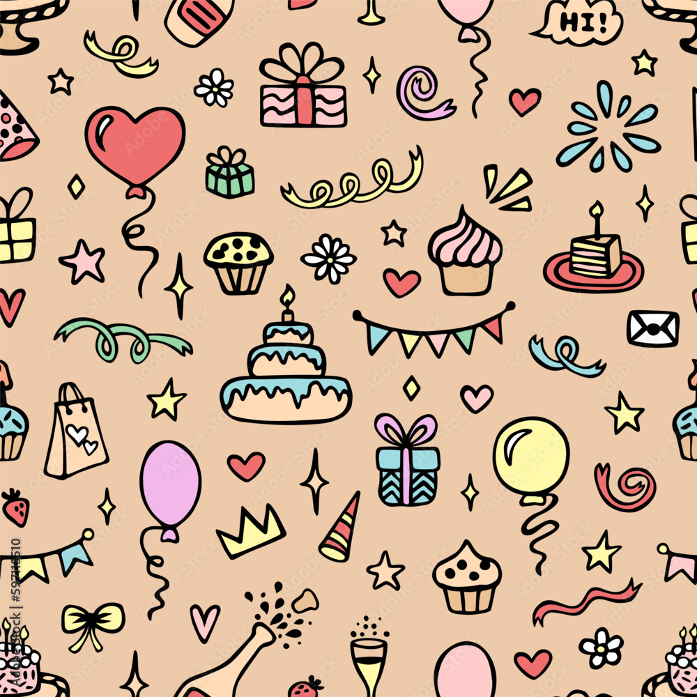 Happy Birthday seamless pattern with hand drawn doodles. Cute design