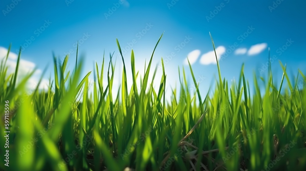 Fototapeta premium Spring summer scenery with fresh green tall grass in wind.Generative AI