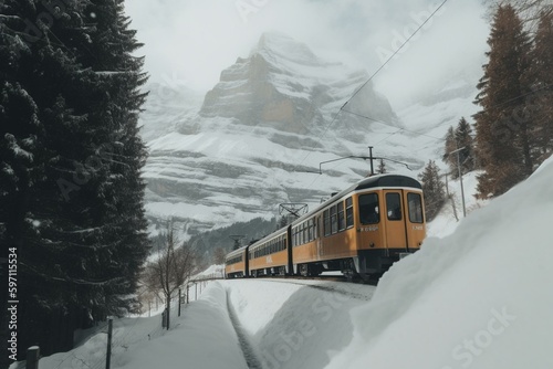 Scenic electric train ride through snowy Eiger Mountain in the beautiful Bernese Oberland region, Switzerland. Generative AI