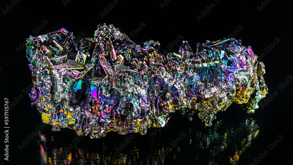 Beautiful colored silicon carbide mineral crystals with reflection on black background. Synthetic carborundum chemical compound. Use as abrasive, semiconductor or diamond gem simulant. Raw moissanite. - obrazy, fototapety, plakaty 