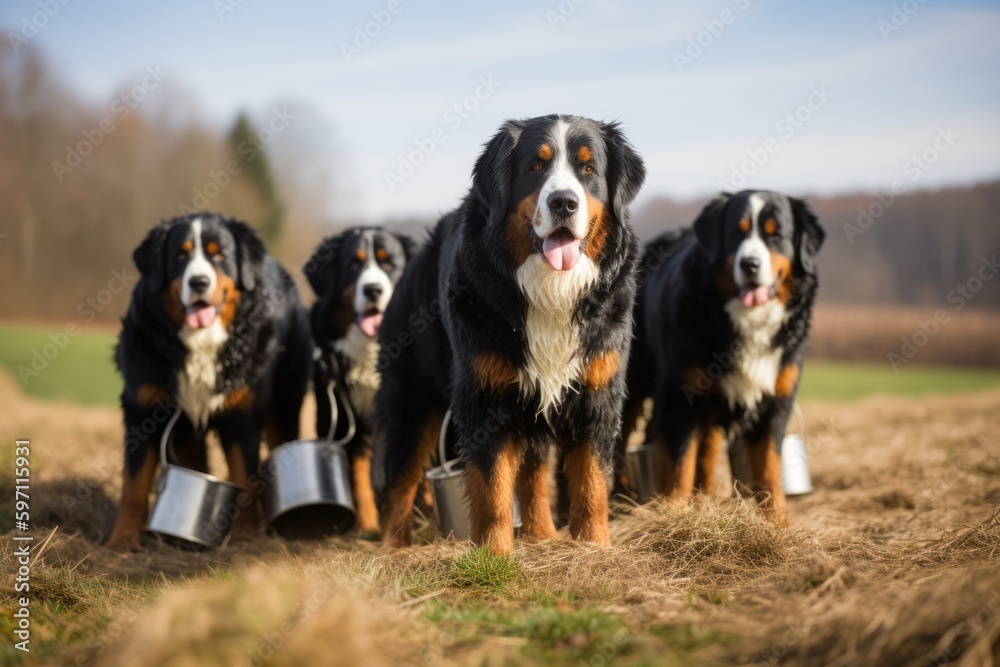 Group portrait photography of an aggressive bernese mountain dog holding a watering can against open fields and meadows background. With generative AI technology
