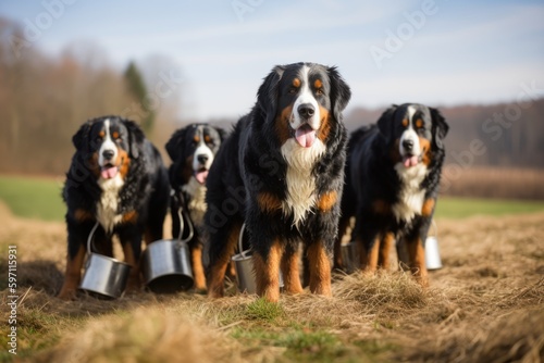 Group portrait photography of an aggressive bernese mountain dog holding a watering can against open fields and meadows background. With generative AI technology