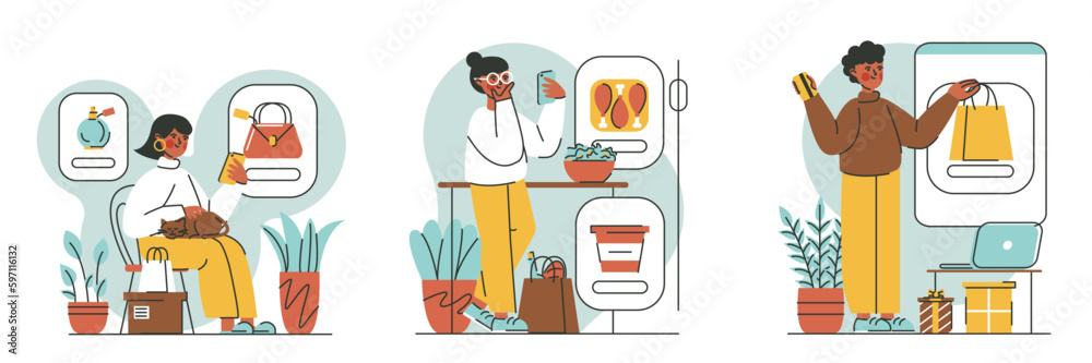 Shopping set of different customers making purchases in online stores. Ordering food online, buying presents with credit card. Buying cosmetics and clothes from home. Vector flat illustration Shopping set of different customers making purchases in online stores. Ordering food online, buying presents with credit card. Buying cosmetics and clothes from home. Vector flat illustration