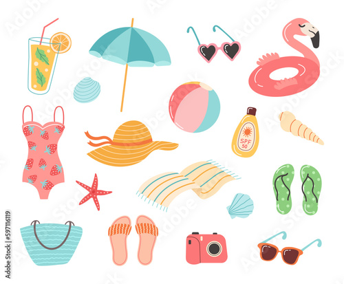 Set of summer element, beach accessories. Sunglasses, umbrella, banana, sunblock, cocktail, slippers, sun hat, swimsuit, flamingo, foto. Accessories for sea holidays. Cartoon flat vector illustration. © Anna Bova