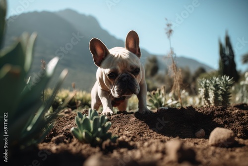 Full-length portrait photography of a happy french bulldog digging in a garden against mountains and hills background. With generative AI technology