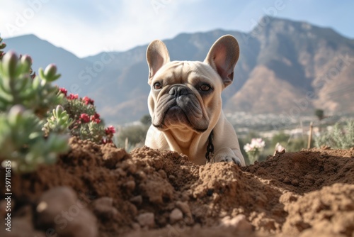 Full-length portrait photography of a happy french bulldog digging in a garden against mountains and hills background. With generative AI technology