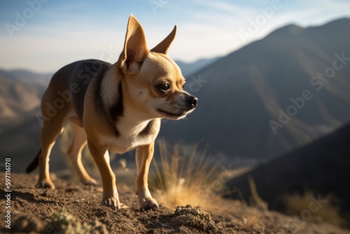 Medium shot portrait photography of an aggressive chihuahua scratching nose against mountains and hills background. With generative AI technology