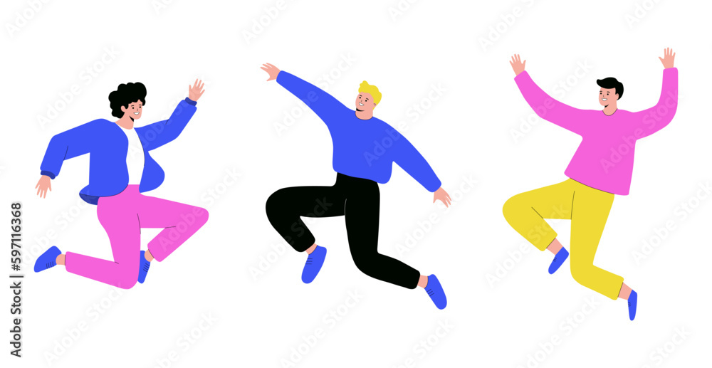 Happy men jumping, flat design