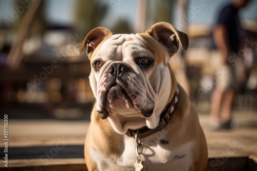 Lifestyle portrait photography of an aggressive bulldog being at a dog park against dog-friendly cafes and restaurants background. With generative AI technology