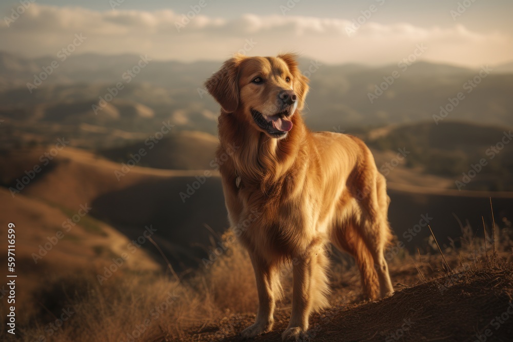 Obraz premium Full-length portrait photography of a happy golden retriever being on a mountain peak against farms and ranches background. With generative AI technology