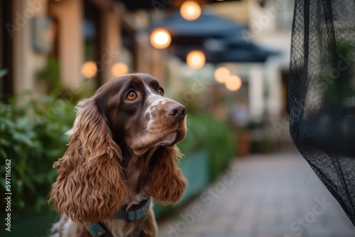 Medium shot portrait photography of a curious cocker spaniel holding a butterfly net against dog-friendly cafes and restaurants background. With generative AI technology