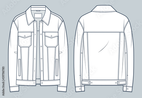 Denim Jacket technical fashion Illustration. Jeans Jacket fashion flat technical drawing template, oversize, button closure, pocket, front and back view, white, women, men, unisex CAD mockup.