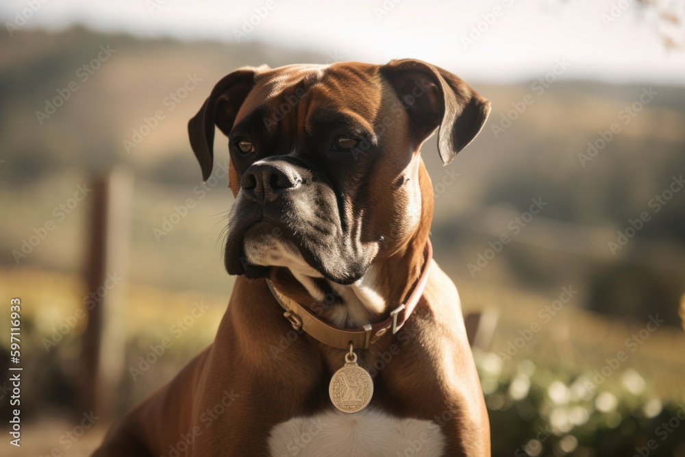Medium shot portrait photography of an aggressive boxer dog wearing a ...