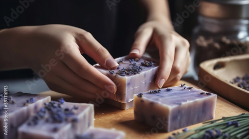 Making kraft lavender soap in a home workshop. Women's hands and lavender soap. Generative AI.