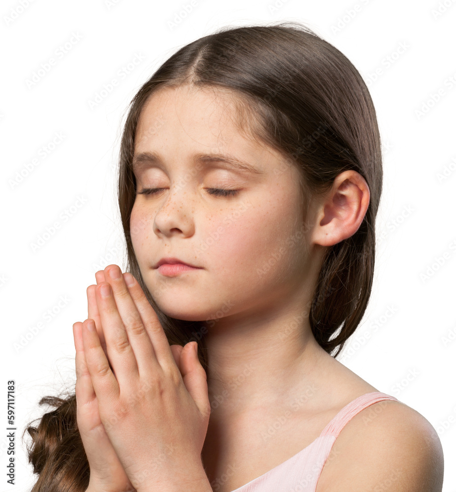 Young woman praying with cross hands on white background Young woman praying with cross hands on white background